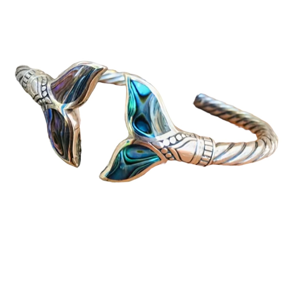 Colorful Whale Tail Decorated Silver Cuff Bracelet - Picture 3 of 8